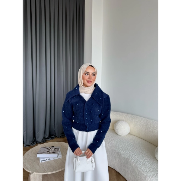 Boncuk Detaylı Mini Hırka - Lacivert