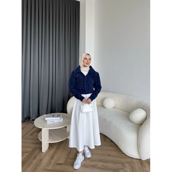 Boncuk Detaylı Mini Hırka - Lacivert