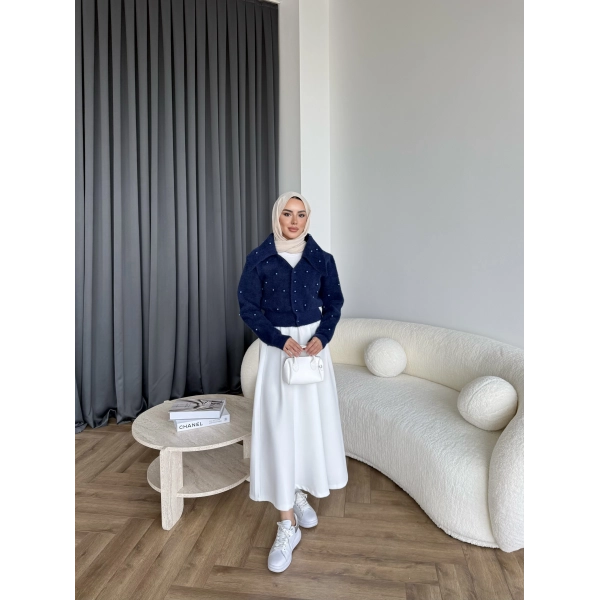 Boncuk Detaylı Mini Hırka - Lacivert