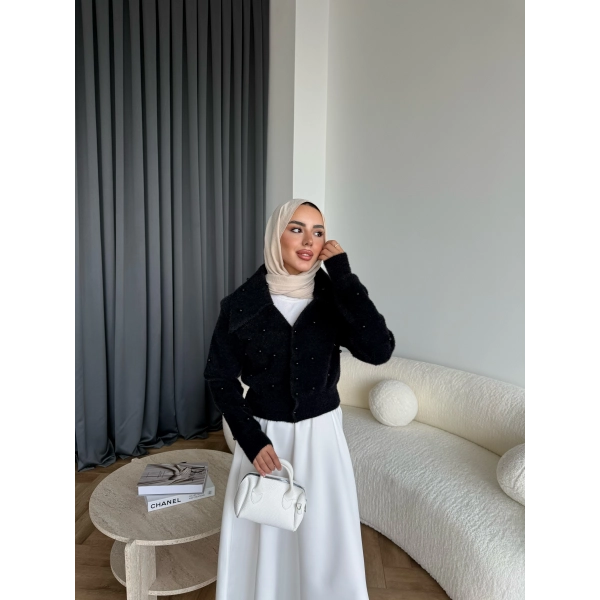 Boncuk Detaylı Mini Hırka - Siyah