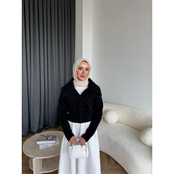 Boncuk Detaylı Mini Hırka - Siyah