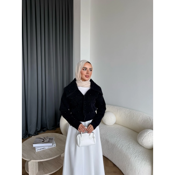 Boncuk Detaylı Mini Hırka - Siyah