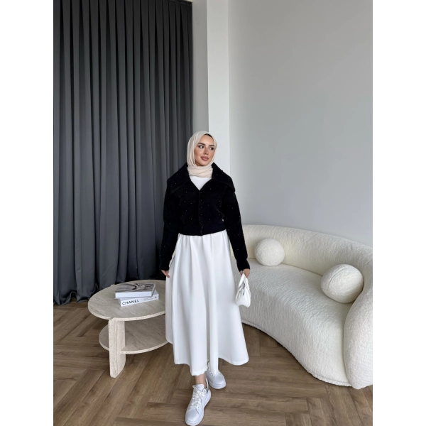 Boncuk Detaylı Mini Hırka - Siyah