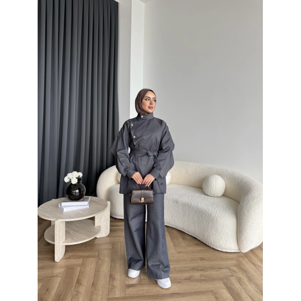 Btç - Findy İnce Gold Düğme Kot Takım - Antrasit