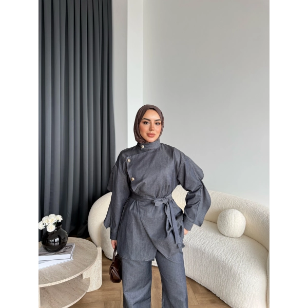 Btç - Findy İnce Gold Düğme Kot Takım - Antrasit