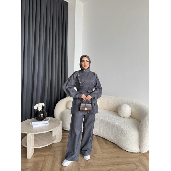 Btç - Findy İnce Gold Düğme Kot Takım - Antrasit