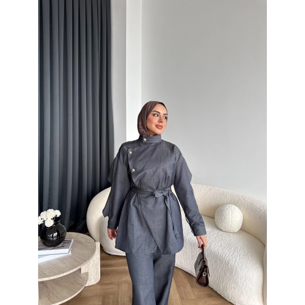 Btç - Findy İnce Gold Düğme Kot Takım - Antrasit