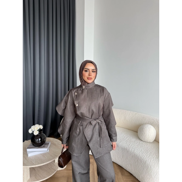 Btç - Findy İnce Gold Düğme Kot Takım - Kahve