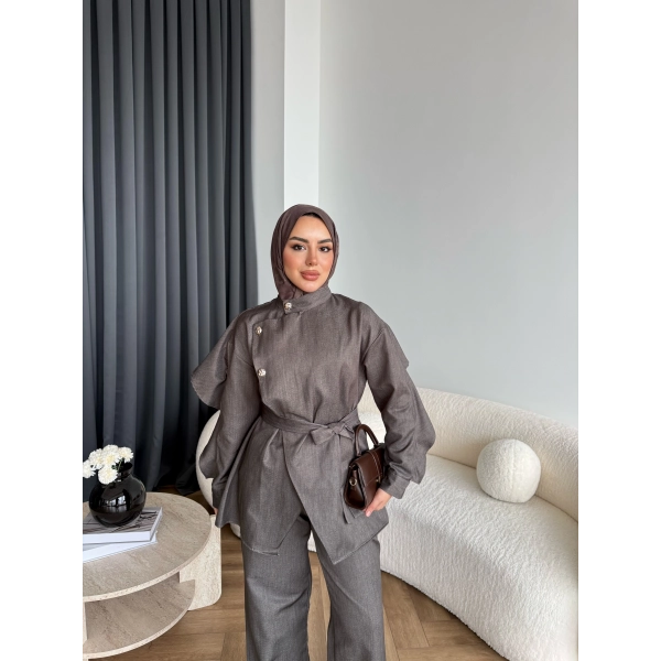 Btç - Findy İnce Gold Düğme Kot Takım - Kahve