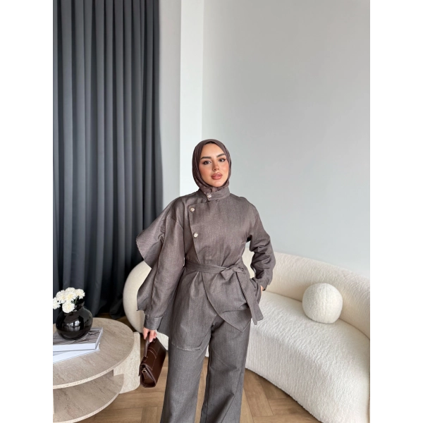 Btç - Findy İnce Gold Düğme Kot Takım - Kahve