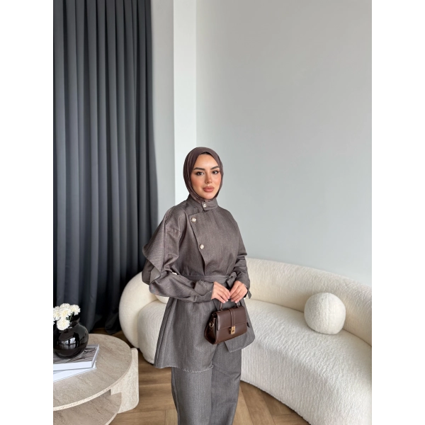 Btç - Findy İnce Gold Düğme Kot Takım - Kahve