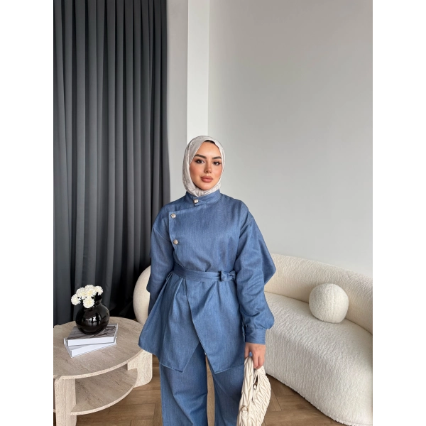 Btç - Findy İnce Gold Düğme Kot Takım - Mavi