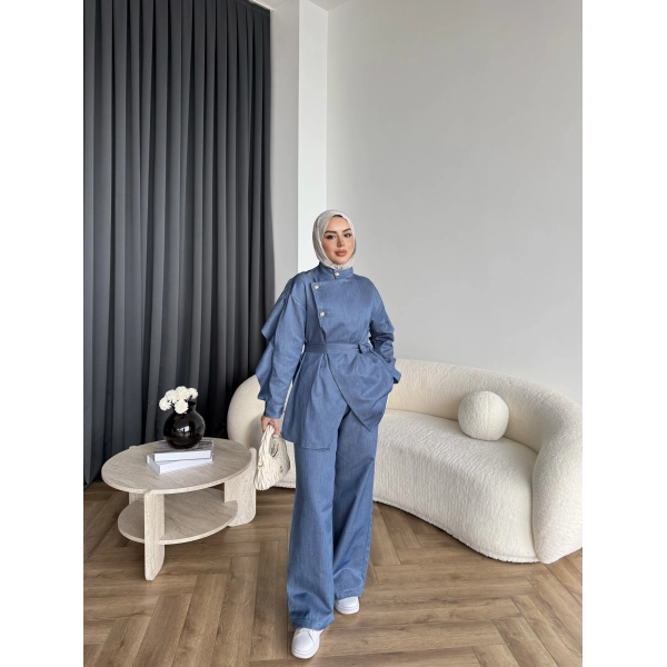 Btç - Findy İnce Gold Düğme Kot Takım - Mavi