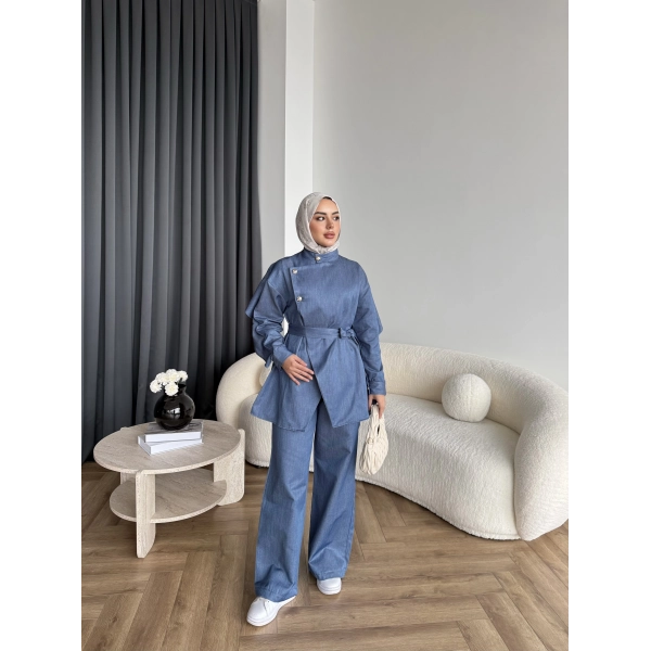 Btç - Findy İnce Gold Düğme Kot Takım - Mavi