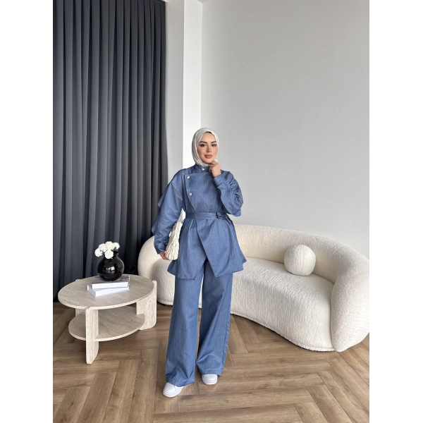 Btç - Findy İnce Gold Düğme Kot Takım - Mavi