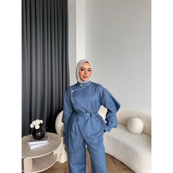 Btç - Findy İnce Gold Düğme Kot Takım - Mavi