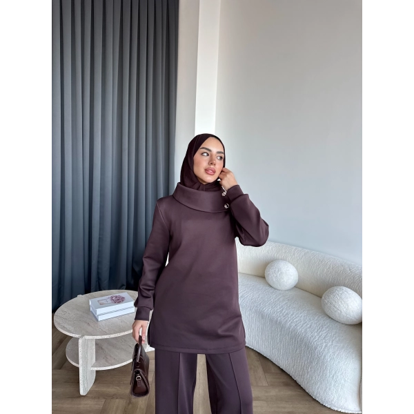 Btç-Freyi Gold Düğme Detay Scuba Takım - Kahve