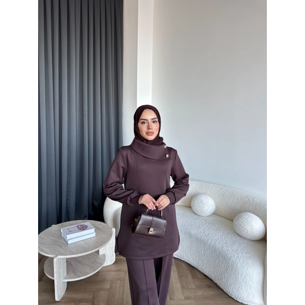 Btç-Freyi Gold Düğme Detay Scuba Takım - Kahve