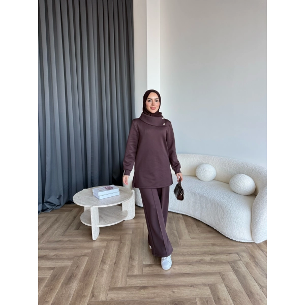 Btç-Freyi Gold Düğme Detay Scuba Takım - Kahve