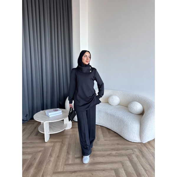 Btç-Freyi Gold Düğme Detay Scuba Takım - Siyah