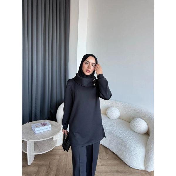 Btç-Freyi Gold Düğme Detay Scuba Takım - Siyah