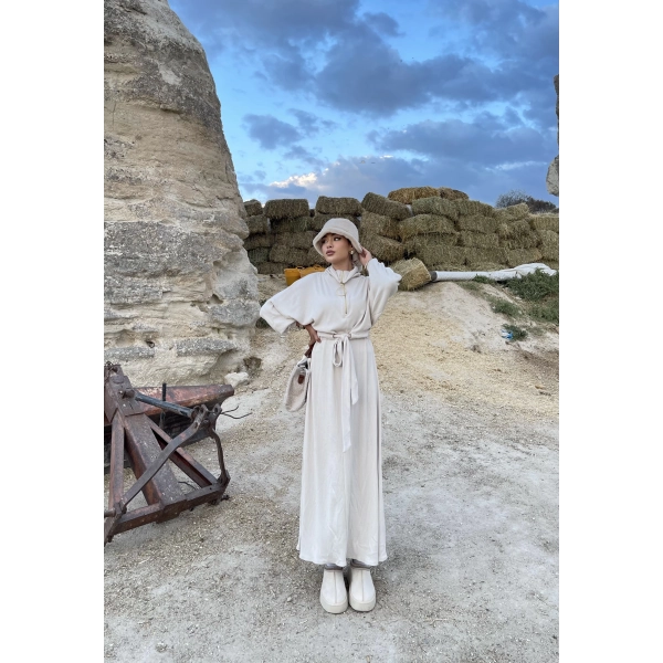 Cesla Fitilli Triko Elbise - Bej