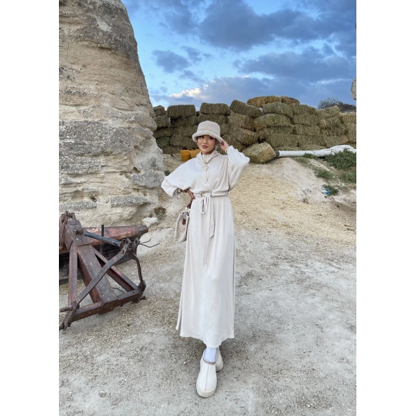 Cesla Fitilli Triko Elbise - Bej