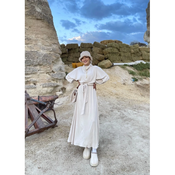 Cesla Fitilli Triko Elbise - Bej