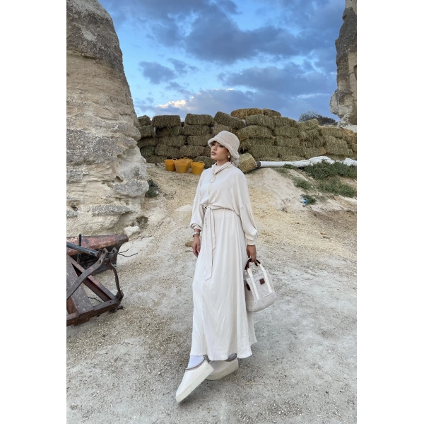 Cesla Fitilli Triko Elbise - Bej