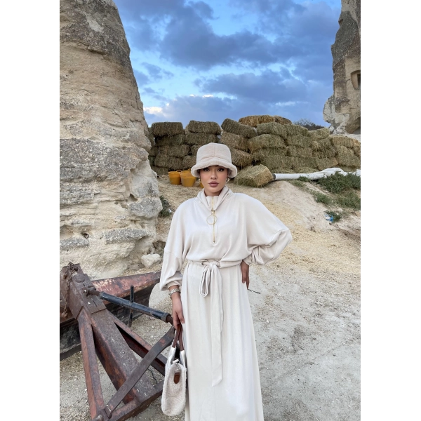 Cesla Fitilli Triko Elbise - Bej