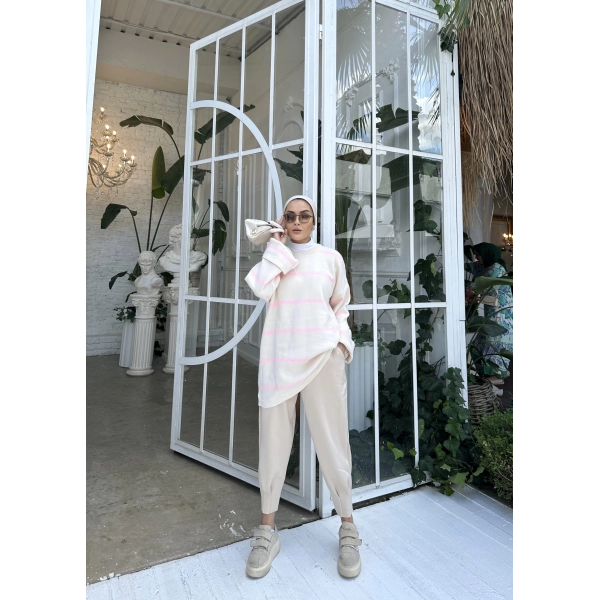 Çizgi Desen İspanyol Kol Triko Kazak - Pudra