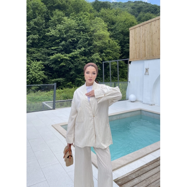 Çizgili Keten Takım - Bej