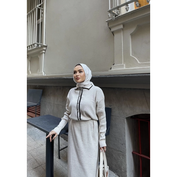 Dahsen Düğmeli Triko Elbise - Bej