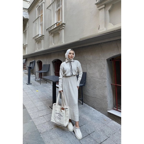 Dahsen Düğmeli Triko Elbise - Bej