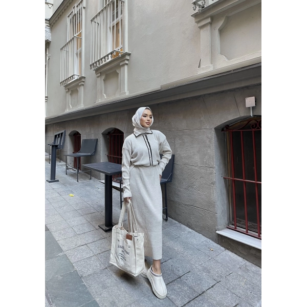 Dahsen Düğmeli Triko Elbise - Bej