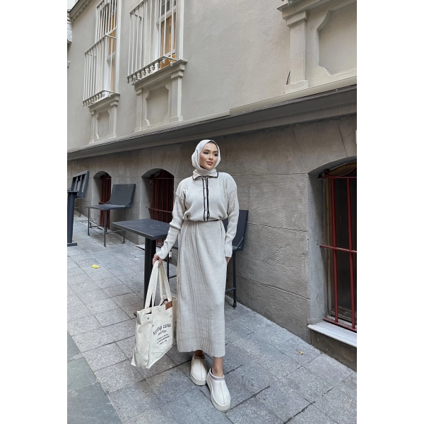 Dahsen Düğmeli Triko Elbise - Bej