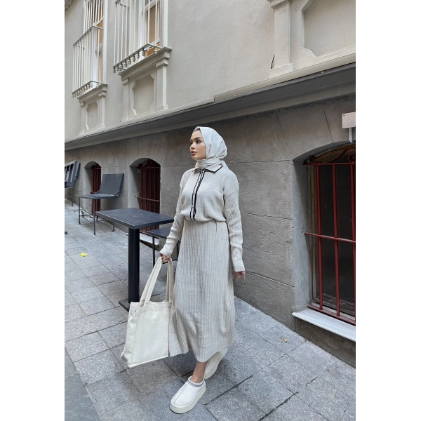 Dahsen Düğmeli Triko Elbise - Bej