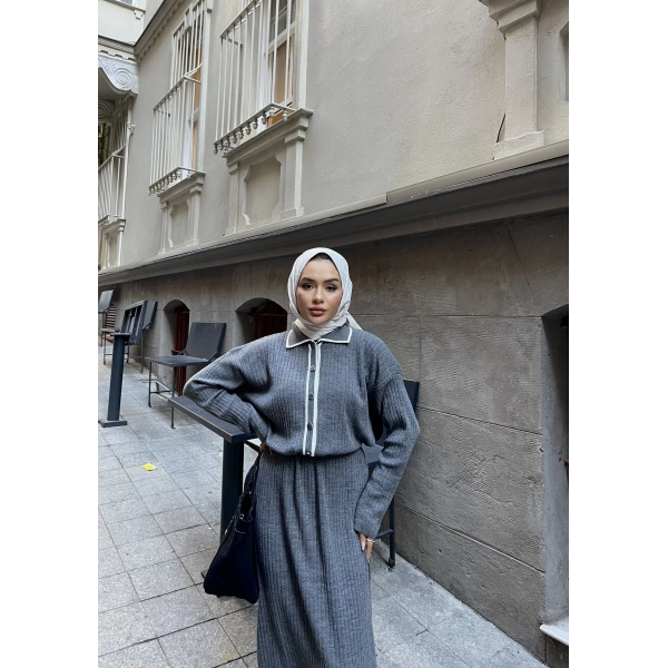 Dahsen Düğmeli Triko Elbise - Gri