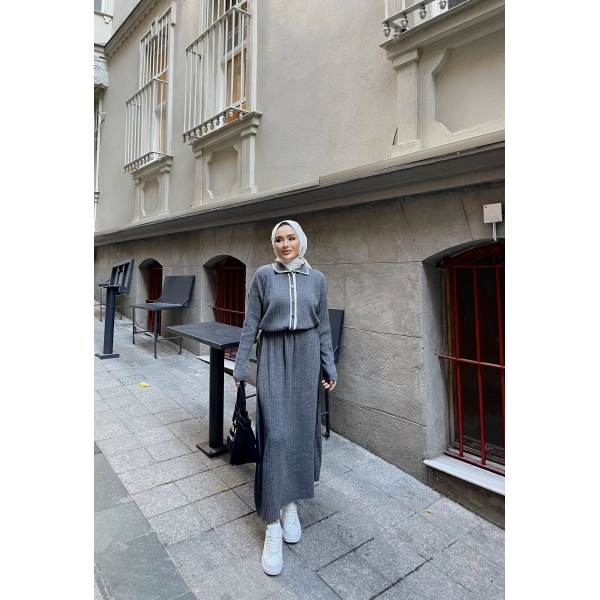 Dahsen Düğmeli Triko Elbise - Gri