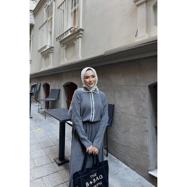 Dahsen Düğmeli Triko Elbise - Gri