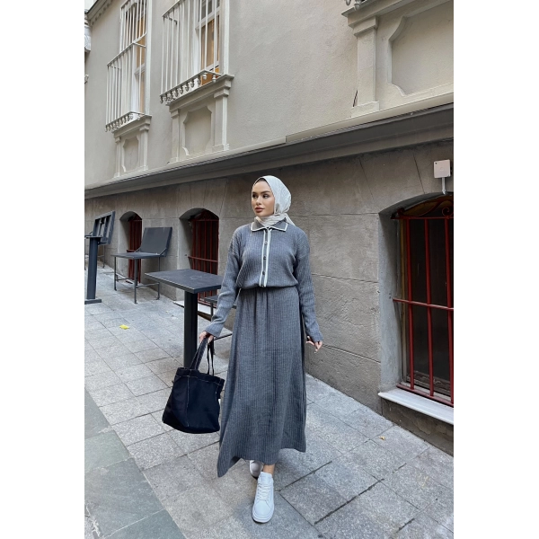 Dahsen Düğmeli Triko Elbise - Gri
