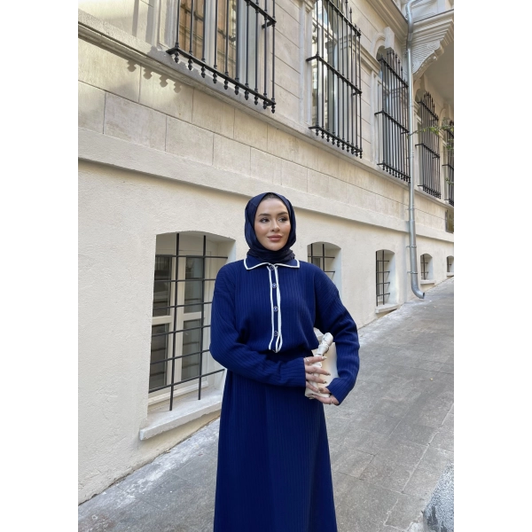 Dahsen Düğmeli Triko Elbise - Lacivert