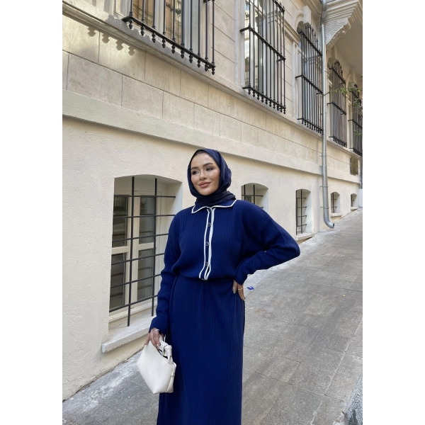 Dahsen Düğmeli Triko Elbise - Lacivert