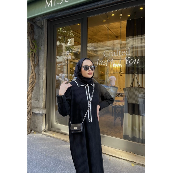 Dahsen Düğmeli Triko Elbise - Siyah