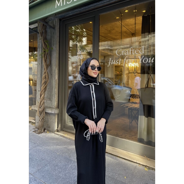 Dahsen Düğmeli Triko Elbise - Siyah