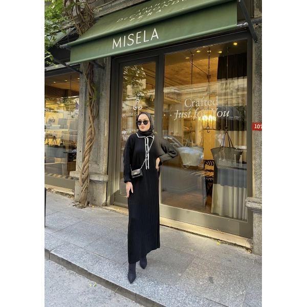 Dahsen Düğmeli Triko Elbise - Siyah