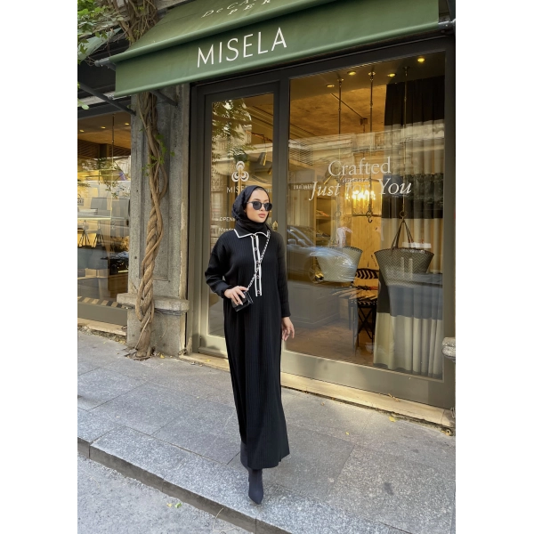 Dahsen Düğmeli Triko Elbise - Siyah