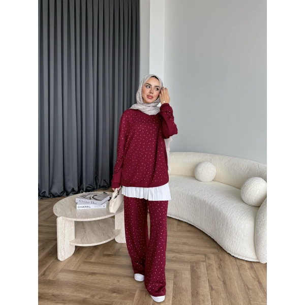 Derla Taş Detaylı Eşofman Takım - Bordo