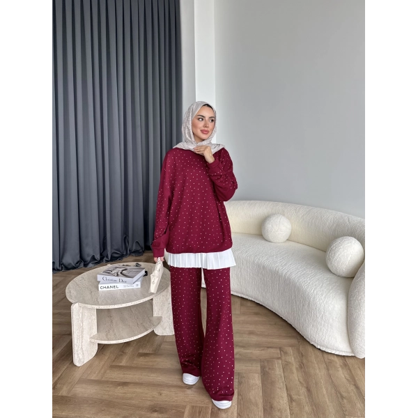 Derla Taş Detaylı Eşofman Takım - Bordo