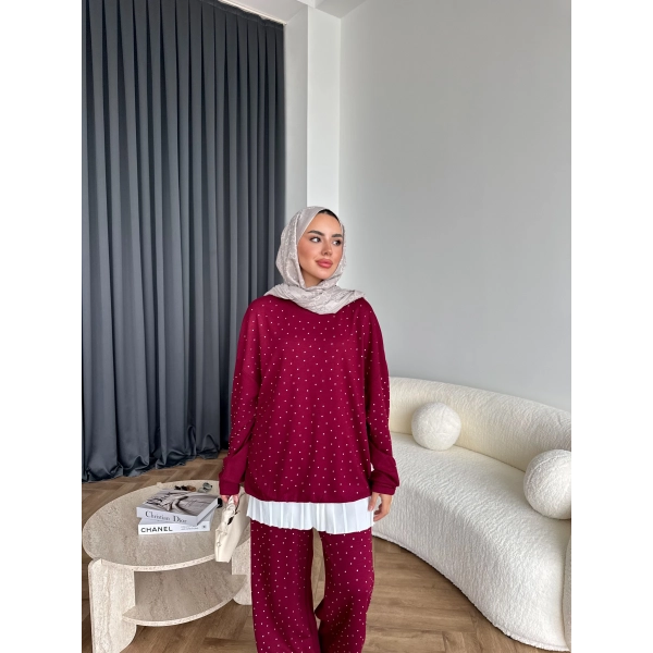 Derla Taş Detaylı Eşofman Takım - Bordo